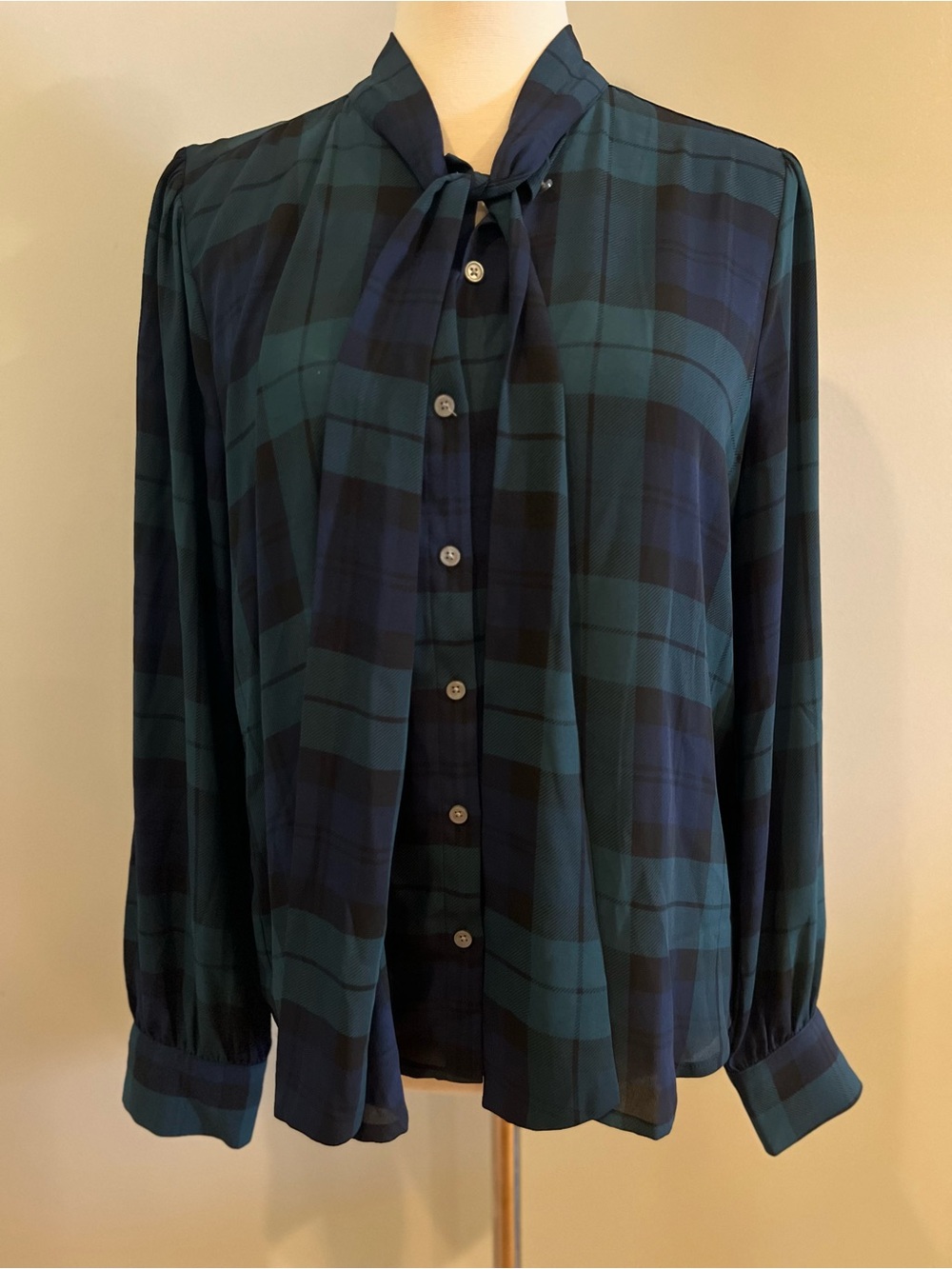 J. Crew Navy and Dark Green Plaid Button-Down Shirt with Neck Tie